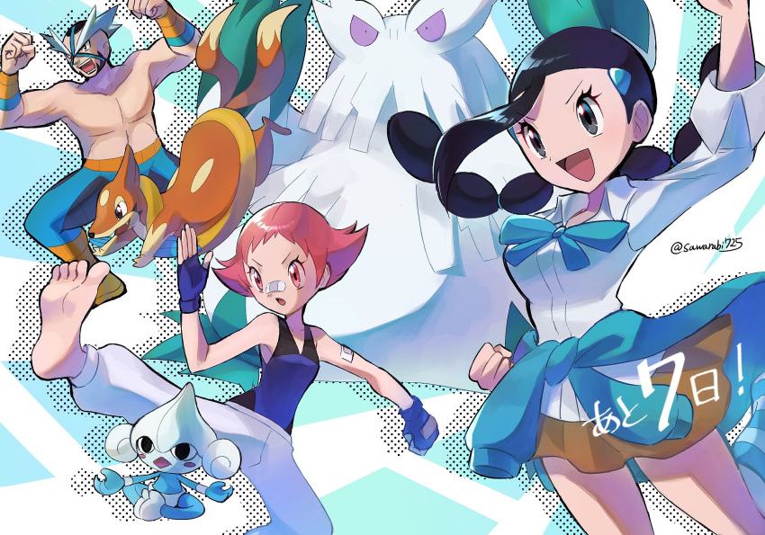1boy 2girls :d abomasnow bandaid bandaid_on_arm bandaid_on_nose barefoot black_hair blue_gloves blue_legwear boots brown_skirt candice_(pokemon) clenched_hand clothes_around_waist commentary_request crasher_wake fingerless_gloves floating_hair floatzel gloves hair_ornament hairclip hands_up highres leggings long_hair mask maylene_(pokemon) meditite miniskirt multi-tied_hair multiple_girls muscular muscular_male open_mouth orange_footwear pink_eyes pink_hair pokemon pokemon_(creature) pokemon_(game) pokemon_dppt sawarabi_(sawarabi725) shirt short_hair skirt smile soles sweater sweater_around_waist teeth toes tongue topless_male twintails twitter_username white_shirt wristband