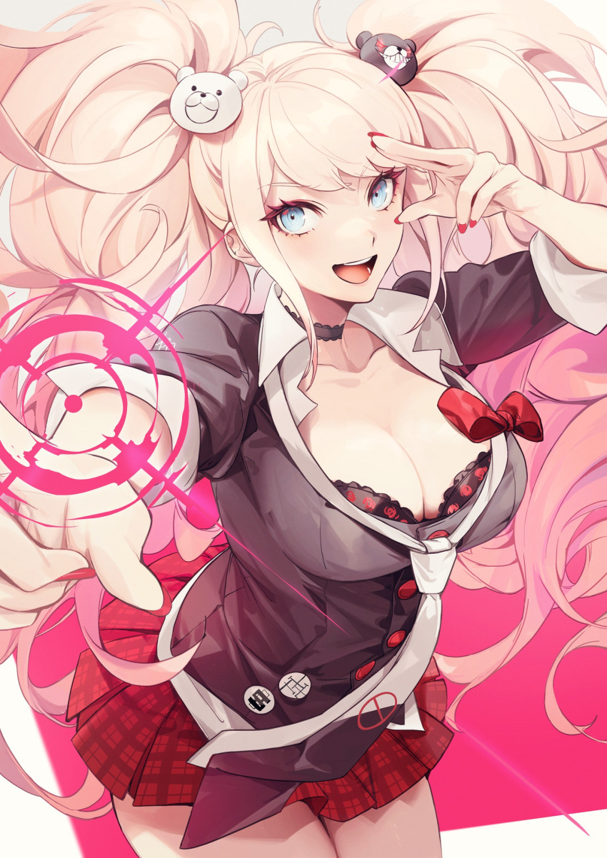 1girl :d bangs bear_hair_ornament black_bra black_necktie black_shirt blonde_hair blue_eyes bow bra breasts buttons cleavage danganronpa:_trigger_happy_havoc danganronpa_(series) enoshima_junko hair_ornament highres large_breasts long_hair looking_at_viewer nail_polish necktie no-kan pink_background plaid plaid_skirt pointing red_bow red_nails red_skirt shirt skirt sleeves_rolled_up smile solo teeth twintails underwear upper_teeth white_background white_necktie