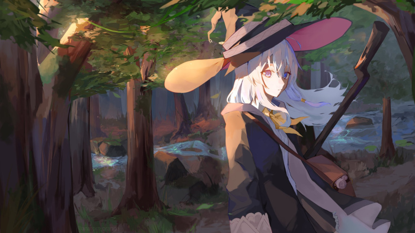 1girl anatom_orange ascot bag bangs blue_eyes broom elaina_(majo_no_tabitabi) forest hat hat_ribbon highres holding holding_broom long_hair long_sleeves majo_no_tabitabi nature open_clothes open_robe outdoors ribbon robe shirt solo stream tree white_hair white_shirt wind witch_hat yellow_ascot