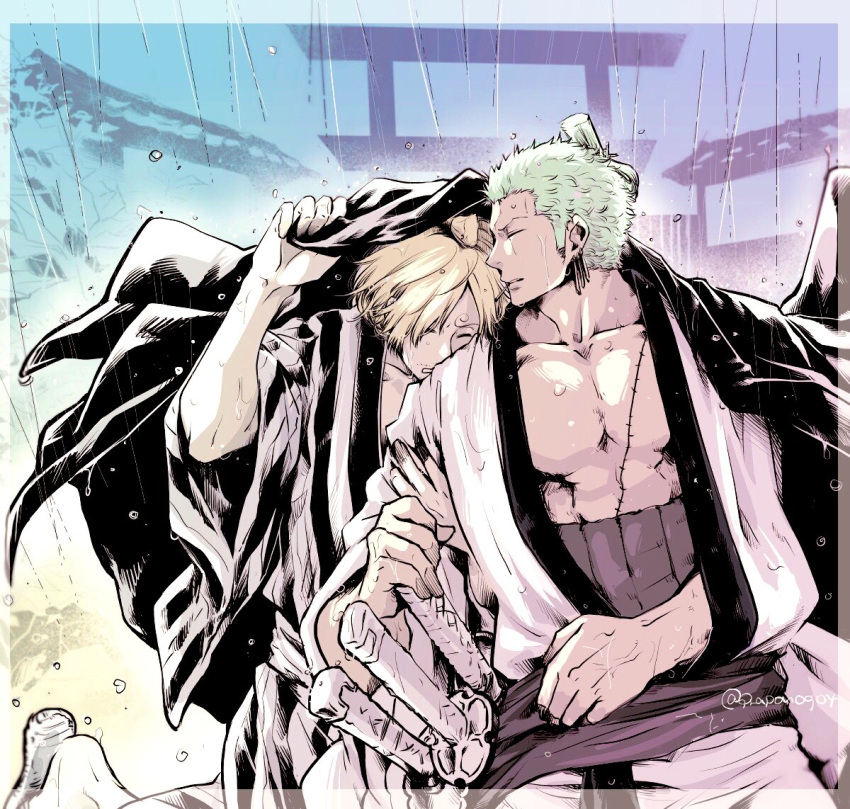 2boys alternate_hairstyle blonde_hair couple earrings feet_out_of_frame green_hair head_on_another's_shoulder jacket jacket_on_shoulders japanese_clothes jewelry kimono male_focus multiple_boys official_alternate_costume one_piece pectoral_cleavage pectorals pra_(prapon0904) rain roronoa_zoro sanji scar scar_on_chest sheath sheathed short_hair sideburns single_earring striped striped_kimono toned toned_male wet yaoi