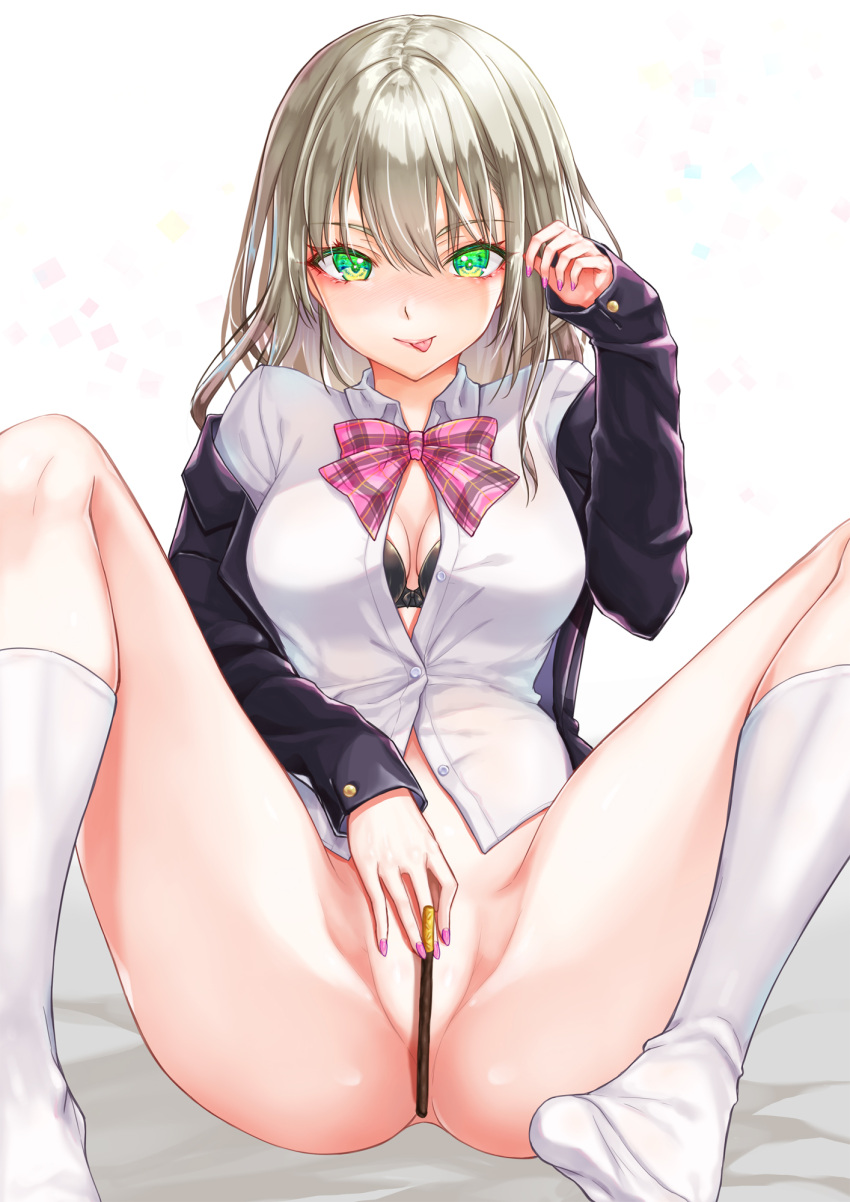 1girl alto_seneka ass bangs black_bra blazer blue_jacket blush bottomless bow bowtie bra bra_peek cameltoe closed_mouth colored_eyelashes commentary_request covering covering_crotch food green_eyes hand_up highres holding holding_food holding_pocky jacket kneehighs knees_up light_brown_hair long_hair long_sleeves looking_at_viewer nail_polish no_shoes nose_blush off_shoulder open_clothes open_jacket original pink_bow pink_bowtie pink_nails pocky school_uniform shirt simple_background sitting smile solo spread_legs tongue tongue_out underwear white_background white_legwear white_shirt wing_collar