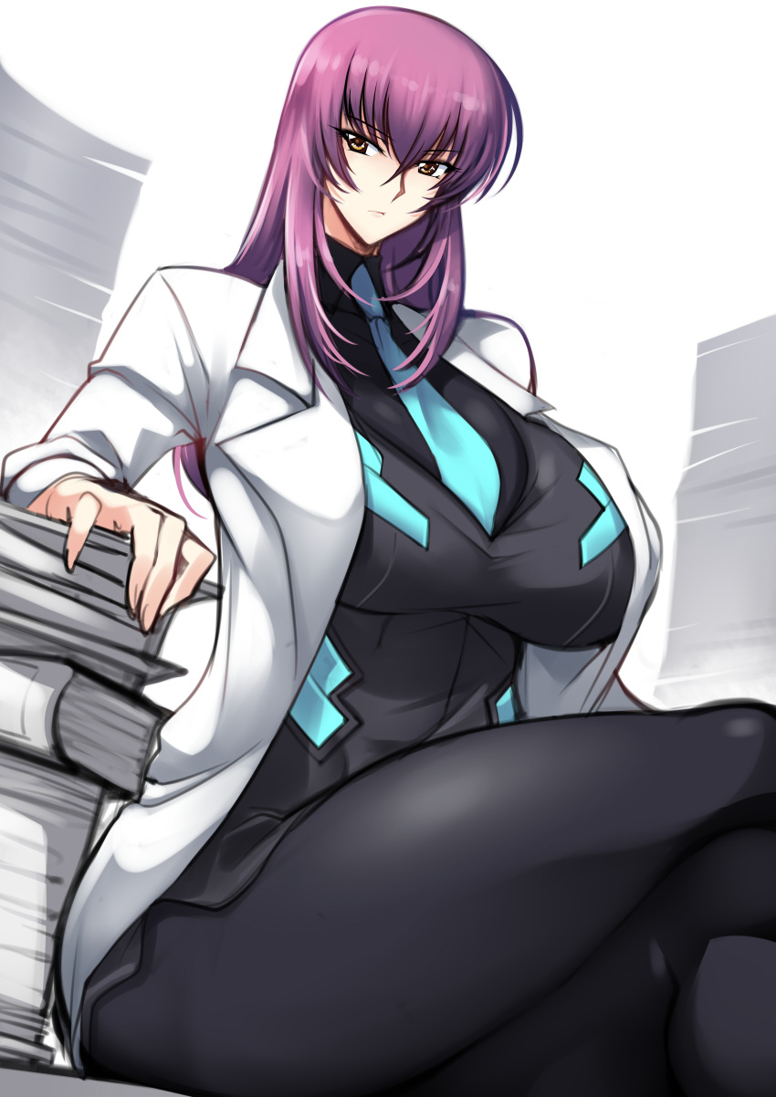 1girl absurdres bangs black_jacket black_legwear black_shirt blue_necktie breasts brown_eyes coat crossed_legs expressionless haganef highres jacket kouzuki_yuuko labcoat large_breasts long_hair military military_uniform muvluv muvluv_alternative necktie pantyhose papers purple_hair shirt sitting solo thick_thighs thighs uniform white_background white_coat