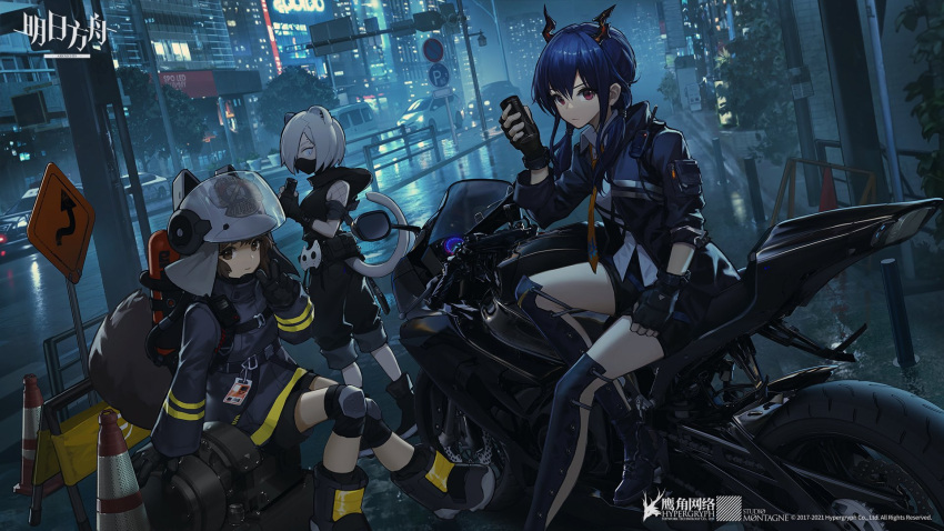 3girls animal_ears_helmet arknights can canned_coffee car ch'en_(arknights) city_lights cityscape dragon_girl dragon_horns fire_helmet fire_jacket firefighter ground_vehicle highres holding holding_can horns jacket motor_vehicle motorcycle multiple_girls necktie official_art radio road road_sign shaw_(arknights) shirayuki_(arknights) sign squirrel_girl squirrel_tail stoat_ears stoat_girl stoat_tail tail tin_can traffic_light wang-xi