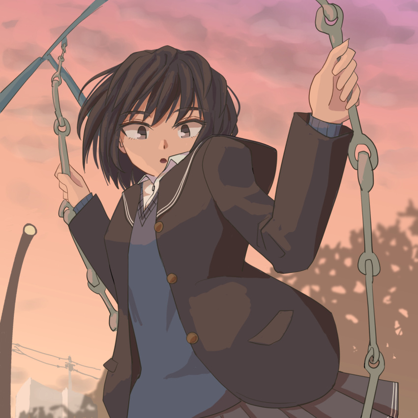 1girl :o amagami bangs black_hair black_jacket black_sailor_collar black_skirt blazer blue_sweater_vest brown_eyes building commentary dress_shirt dusk eyelashes floating_hair from_below highres jacket kibito_high_school_uniform looking_at_viewer looking_down nanasaki_ai offter open_mouth orange_sky overcast pleated_skirt power_lines sailor_collar school_uniform shirt short_hair skirt sky solo standing standing_on_swing sweater_vest swing swing_set swinging thick_eyebrows tree upper_body utility_pole white_shirt