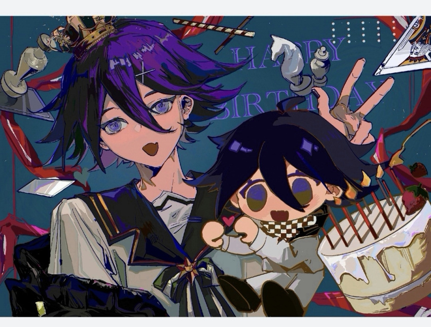 2boys :d bangs black_bow black_bowtie black_jacket black_nails black_sailor_collar bow bowtie cake candle checkered checkered_scarf chess_piece chibi commentary_request crown danganronpa_(series) danganronpa_v3:_killing_harmony fang fangs flipped_hair food green_background hair_between_eyes heart jacket kaiaik_(zheliakaina) looking_at_viewer male_focus multiple_boys ouma_kokichi purple_eyes red_ribbon ribbon sailor_collar scarf short_hair short_sleeves skin_fang smile star_(symbol) w white_bow white_bowtie