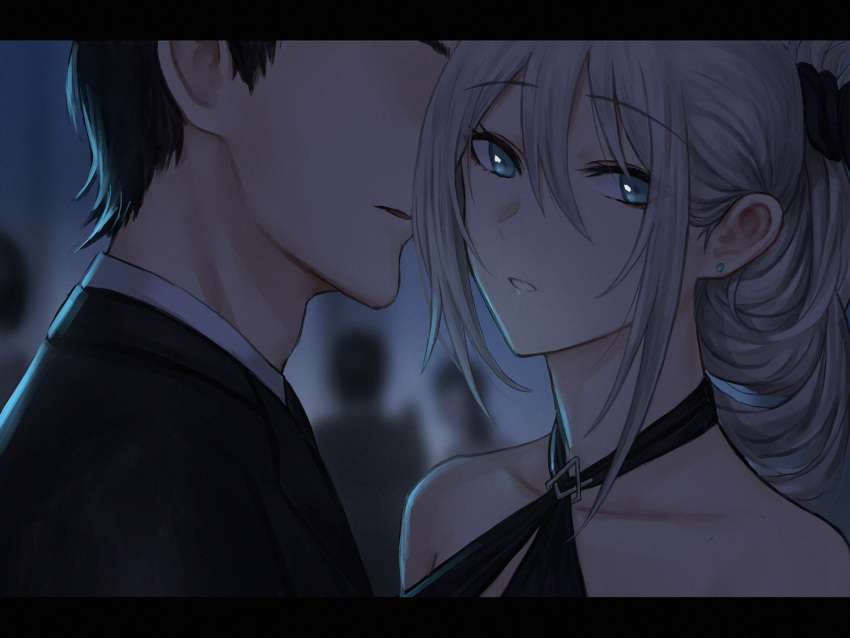 1boy 1girl an-94_(girls'_frontline) bangs bare_shoulders black_hair blue_eyes chinese_commentary commentary_request earrings eyebrows_visible_through_hair faceless faceless_male girls'_frontline hair_between_eyes jewelry long_hair parted_lips ponytail selcky silver_hair