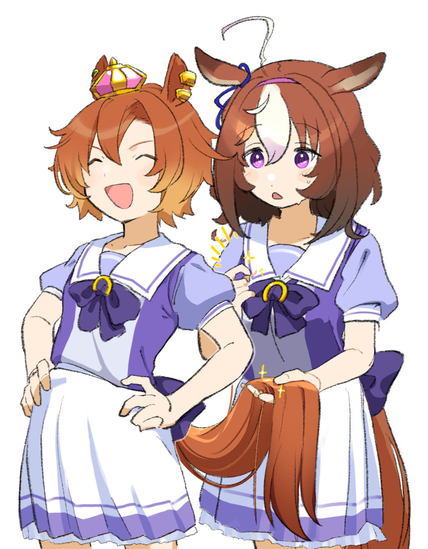 2girls ^_^ ahoge animal_ears bangs brown_hair closed_eyes commentary cowboy_shot crown ear_piercing hairband hands_on_hips highres holding_another's_tail horse_ears horse_girl horse_tail medium_hair meisho_doto_(umamusume) michia_(bourgognepony) mini_crown multicolored_hair multiple_girls open_mouth orange_hair piercing puffy_short_sleeves puffy_sleeves purple_shirt sailor_collar school_uniform shirt short_hair short_sleeves simple_background skirt sparkle sweat t.m._opera_o_(umamusume) tail tracen_school_uniform two-tone_hair umamusume white_background white_skirt