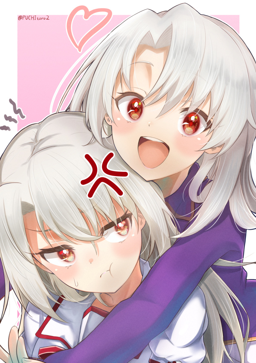 2girls :d :t absurdres anger_vein bangs blush closed_mouth commentary dual_persona eyebrows_visible_through_hair fate/kaleid_liner_prisma_illya fate/stay_night fate_(series) hair_between_eyes heart highres homurahara_academy_uniform hug hug_from_behind illyasviel_von_einzbern long_hair long_sleeves looking_at_another looking_at_viewer looking_to_the_side multiple_girls open_mouth pout puchitoro2 puffy_short_sleeves puffy_sleeves purple_shirt red_eyes school_uniform shirt short_sleeves silver_hair smile sweatdrop teeth tongue twitter_username uniform upper_body upper_teeth white_shirt