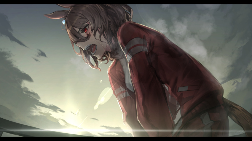 1girl agnes_tachyon_(umamusume) animal_ears bangs brown_hair cloud commentary eyebrows_visible_through_hair fixro2n from_side hair_between_eyes highres horse_ears jacket letterboxed looking_away open_mouth outdoors pants red_eyes red_jacket red_pants sky solo sunrise sweat sweating_profusely teeth track_jacket track_pants track_suit umamusume underwear upper_teeth