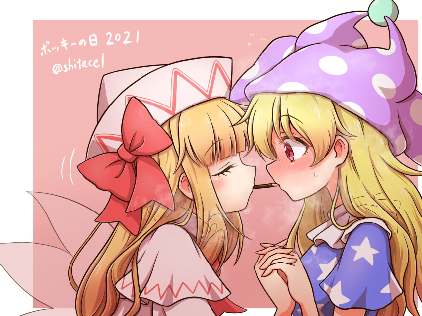 2girls american_flag american_flag_dress bangs blonde_hair blunt_bangs blush bow capelet clownpiece commentary dress ear_blush eyebrows_visible_through_hair fairy fairy_wings food hat hat_bow highres interlocked_fingers jester_cap lily_white long_hair multiple_girls nose_blush pink_eyes pocky pocky_day pocky_kiss polka_dot red_eyes shitacemayo steam sweat touhou translated very_long_hair wings yuri