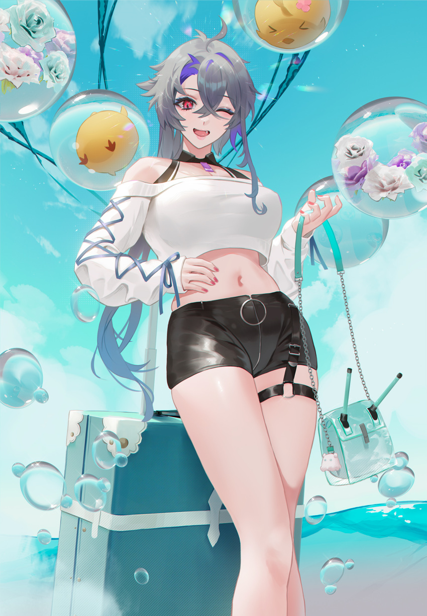 1girl ;d ahoge asymmetrical_hair azur_lane bag bangs bare_shoulders black_shorts blue_sky breasts bubble cirilla_lin cleavage cloud colored_inner_hair cowboy_shot cropped_sweater crossed_bangs day eyebrows_visible_through_hair fang flower foch_(azur_lane) foch_(rainbow_rendezvous)_(azur_lane) grey_hair hair_between_eyes hand_on_hip handbell high-waist_shorts highres holding holding_bag knife_holster large_breasts latex_shorts long_hair long_sleeves looking_at_viewer manjuu_(azur_lane) midriff multicolored_hair navel o-ring_belt off-shoulder_sweater off_shoulder official_alternate_costume one_eye_closed open_mouth purple_hair red_eyes red_nails ribbon-trimmed_sleeves ribbon_trim rose shorts sidelocks skindentation sky smile solo_focus standing suitcase sweater turret white_sweater