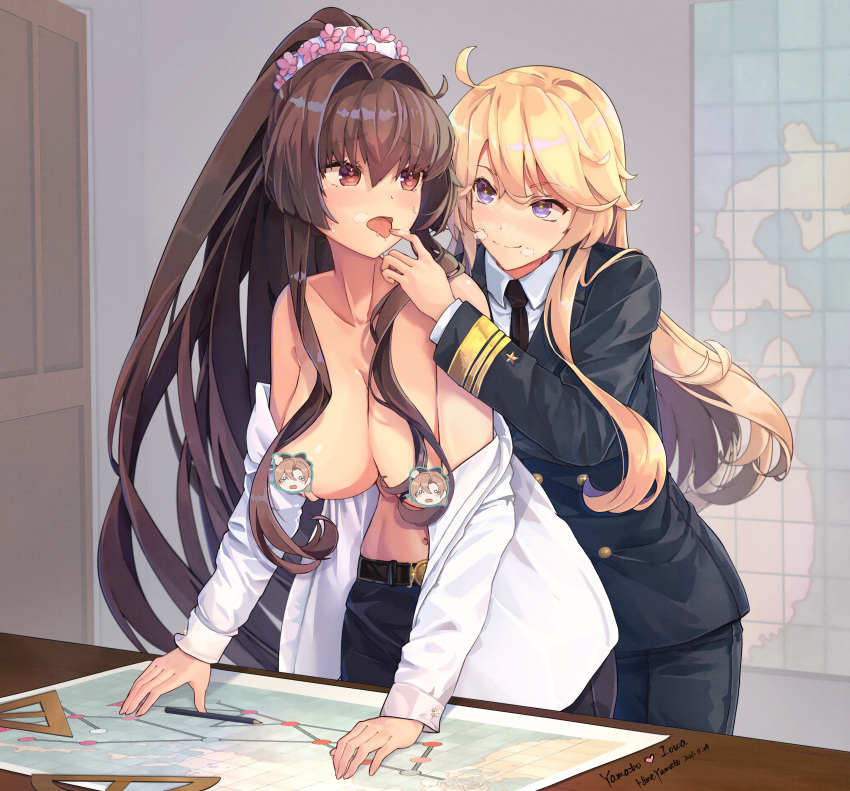 2girls absurdres alternate_costume black_necktie blonde_hair blue_eyes breasts brown_hair censored censored_nipples character_censor cherry_blossoms eyebrows_visible_through_hair green_eyes highres himeyamato indoors iowa_(kancolle) kantai_collection large_breasts long_hair long_sleeves map military military_uniform multiple_girls necktie novelty_censor off_shoulder open_clothes open_shirt ponytail red_eyes shirt sidelocks smile star-shaped_pupils star_(symbol) symbol-shaped_pupils tongue tongue_out uniform white_shirt yamato_(kancolle) yuri