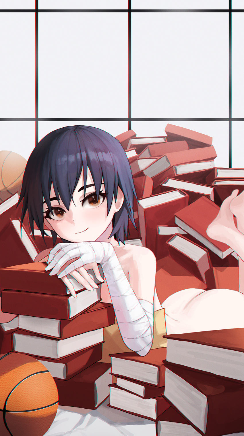 1girl arched_back ass bakemonogatari bandaged_arm bandages bangs barefoot basketball bed_sheet blue_hair book book_stack completely_nude elbow_rest gnns highres indoors kanbaru_suruga looking_at_viewer lying monogatari_(series) nude on_stomach orange_eyes pile_of_books pillow short_hair smile solo the_pose