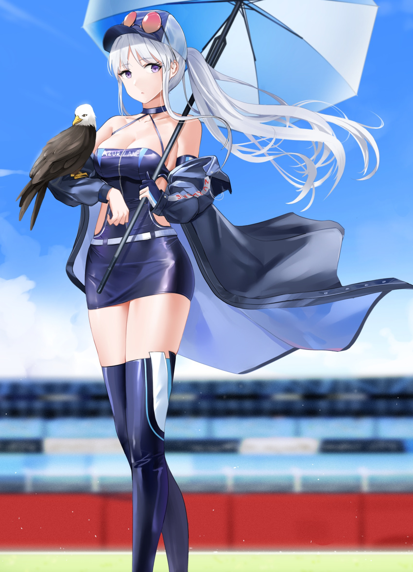 1girl absurdres animal_on_arm azur_lane bald_eagle bangs bare_shoulders belt bird bird_on_arm black_choker black_dress black_footwear black_jacket blue_sky boots breasts chinese_commentary choker cleavage closed_mouth clothes_writing cloud collarbone commentary_request day dress eagle elbow_gloves enterprise_(azur_lane) enterprise_(wind_catcher)_(azur_lane) eyebrows_visible_through_hair eyewear_on_headwear fingerless_gloves floating_hair gloves grim_(azur_lane) hair_between_eyes hair_through_headwear halter_dress halterneck hat highres holding holding_umbrella jacket large_breasts long_hair looking_at_viewer off_shoulder official_alternate_costume outdoors partially_fingerless_gloves ponytail purple_eyes qing_wu race_queen racetrack short_dress side_cutout sidelocks single_elbow_glove single_fingerless_glove skindentation sky sleeveless solo_focus standing sunglasses thigh_boots thighhighs umbrella very_long_hair white_belt white_hair white_headwear zettai_ryouiki