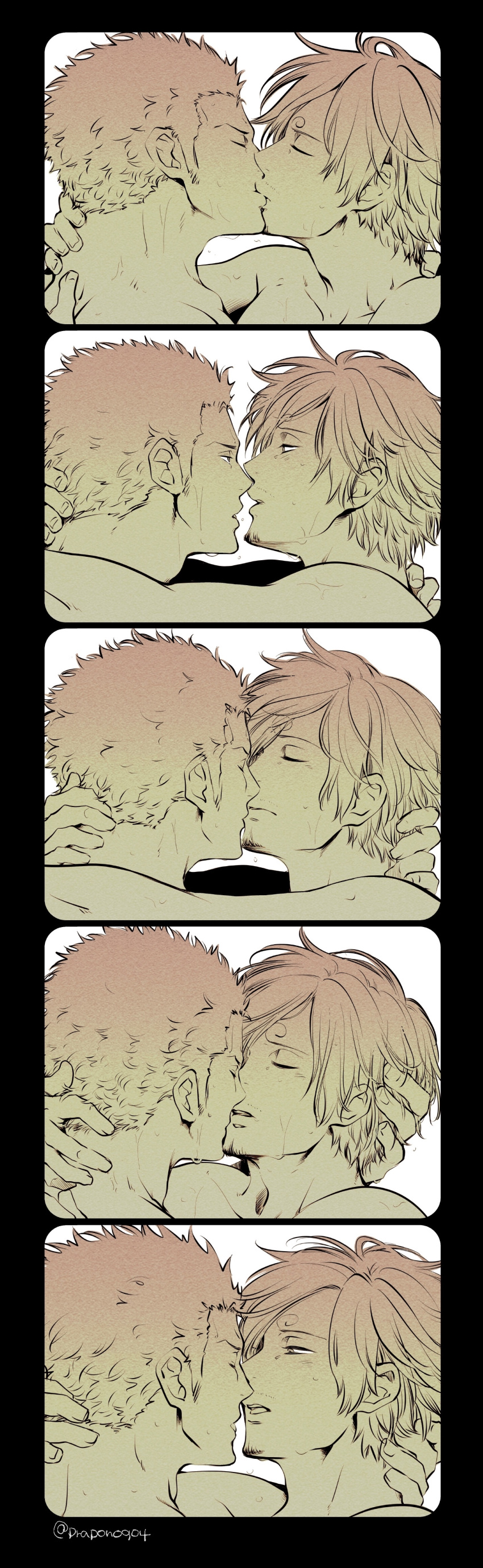 2boys absurdres blush close-up closed_eyes couple eye_contact face facial_hair goatee hair_over_one_eye hand_in_another's_hair hand_on_another's_neck highres implied_sex kiss looking_at_another male_focus monochrome multiple_boys one_piece pectorals pra_(prapon0904) roronoa_zoro sanji sequential short_hair sideburns sweat toned toned_male yaoi