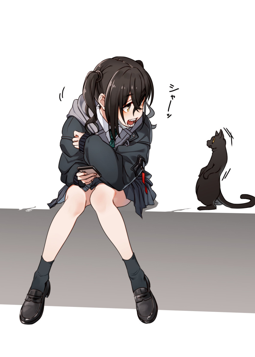 1girl absurdres animal bangs black_cat black_footwear black_hair black_jacket black_legwear black_skirt cat cellphone crossed_bangs eyebrows_visible_through_hair full_body green_necktie grey_background hair_between_eyes hand_up highres holding holding_phone hood hood_down hooded_jacket idolmaster idolmaster_cinderella_girls jacket kakaobataa knees_together_feet_apart loafers long_hair long_sleeves looking_at_animal looking_to_the_side mask mask_pull miniskirt mole mole_under_eye motion_lines mouth_mask necktie open_mouth phone pleated_skirt sharp_teeth shoes sitting skirt sleeves_past_wrists smartphone socks solo sunazuka_akira surgical_mask teeth translated twintails two-tone_background white_background yellow_eyes