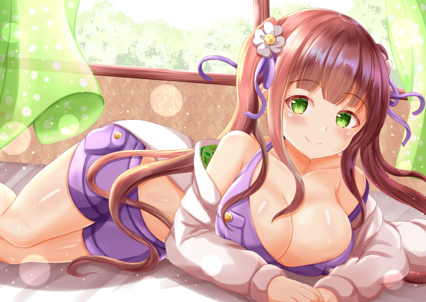 1girl bangs bed bed_sheet blunt_bangs breasts brown_hair cleavage closed_mouth collarbone commentary_request crop_top curtains eyebrows_visible_through_hair flower gochuumon_wa_usagi_desu_ka? green_eyes hair_flower hair_ornament hair_ribbon highres jacket large_breasts lens_flare long_hair looking_at_viewer lying on_side purple_shorts ribbon shorts simple_background smile solo ujimatsu_chiya white_jacket window zenon_(for_achieve)