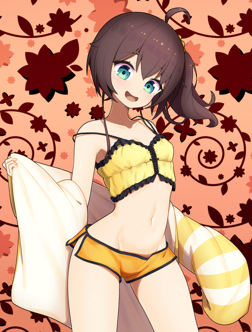 1girl absurdres ahoge bangs blue_eyes breasts brown_hair camisole commentary_request cowboy_shot frilled_camisole hair_between_eyes head_tilt highres hololive jacket long_sleeves looking_at_viewer lunch_boxer medium_hair natsuiro_matsuri navel open_clothes open_jacket open_mouth orange_shorts scrunchie short_shorts shorts side_ponytail small_breasts smile solo stomach strap_slip striped striped_jacket thighs translation_request virtual_youtuber white_jacket yellow_camisole yellow_jacket yellow_scrunchie