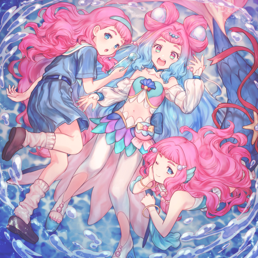 3girls :d :o aozora_middle_school_uniform aqua_hairband blue_eyes blue_hair blue_nails blue_skirt bracelet clothing_cutout commentary cure_la_mer eyelash_ornament full_body gradient_hair hairband head_fins heart heart_in_eye high_heels highres jewelry laura_la_mer layered_skirt leggings long_hair looking_at_viewer lying magical_girl mermaid monster_girl multicolored_eyes multicolored_hair multiple_girls multiple_persona nail_polish navel on_back open_mouth pearl_hair_ornament pink_eyes pink_hair pink_nails pleated_skirt precure puffy_sleeves sailor_collar scales school_uniform seashell shell skirt smile starfish stomach stomach_cutout symbol_in_eye teeth tropical-rouge!_precure tukune upper_teeth water