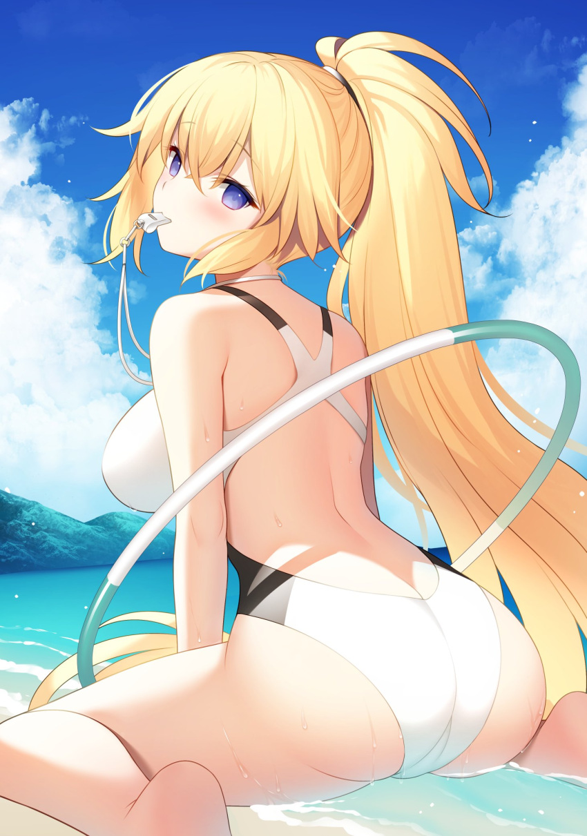 1girl ass back bangs bare_arms bare_shoulders barefoot blonde_hair blue_eyes blue_sky blush breasts cloud cloudy_sky commentary_request competition_swimsuit eyebrows_visible_through_hair fate/grand_order fate_(series) feet_out_of_frame from_behind highleg highleg_swimsuit highres hoop hula_hoop jeanne_d'arc_(fate) jeanne_d'arc_(swimsuit_archer)_(fate) long_hair looking_at_viewer looking_back medium_breasts miko_(royal_milk) mouth_hold one-piece_swimsuit outdoors ponytail sitting sky solo swimsuit thighs tied_hair wariza water water_drop wet whistle white_swimsuit