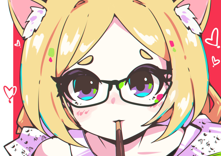 1girl absurdres aki_rosenthal animal_ears bangs bare_shoulders blonde_hair blush commentary food glasses highres hololive looking_at_viewer mouth_hold pocky pocky_day pocky_kiss pov purple_eyes toon_(toonhoshi) virtual_youtuber