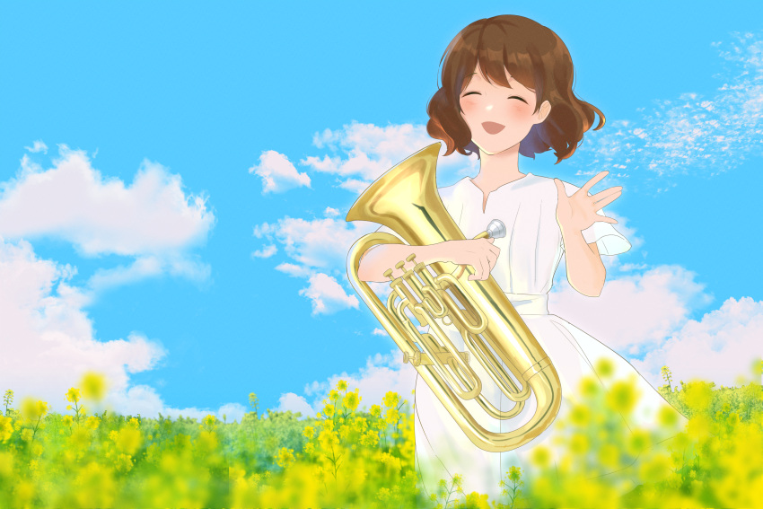 1girl :d bangs blue_sky blurry blurry_foreground blush brown_hair closed_eyes cloud dress euphonium field flower hand_up hibike!_euphonium highres holding holding_instrument instrument open_mouth oumae_kumiko outdoors plant ratifuu short_hair short_sleeves sky smile solo standing waving white_dress yellow_flower