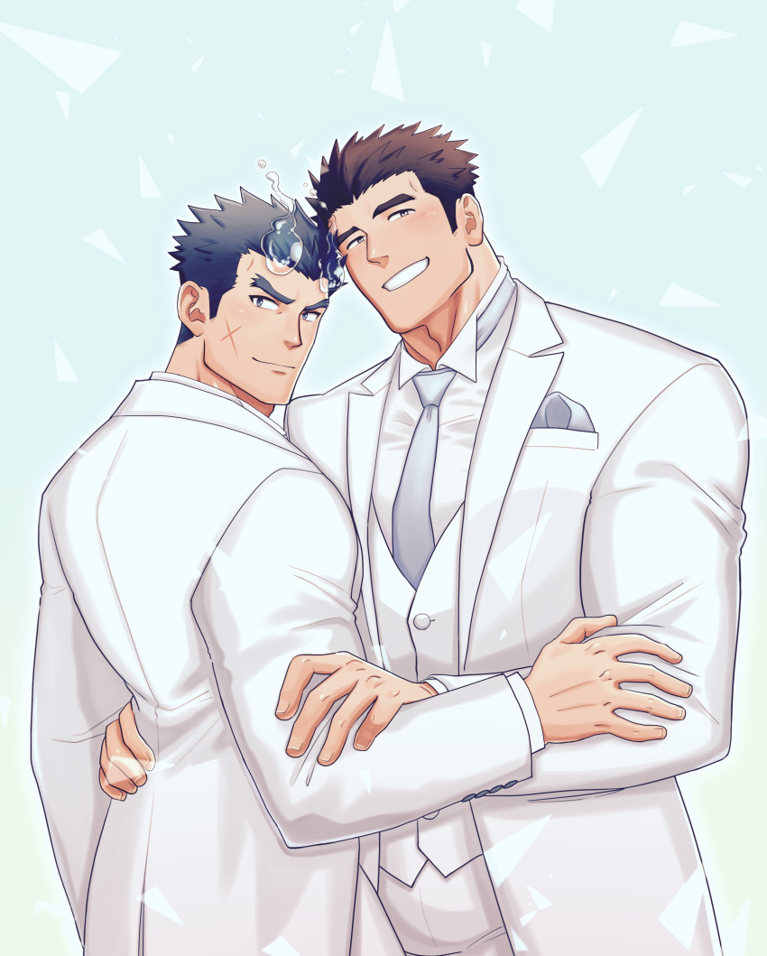 2boys absurdres alternate_costume bara blue_hair blush brown_hair cross_scar fiery_hair fle0423 formal grey_necktie hand_on_another's_arm hand_on_another's_waist highres husband_and_husband male_focus master_3_(housamo) multiple_boys muscular muscular_male necktie scar short_hair sideburns smile suit toji_(housamo) tokyo_afterschool_summoners undershirt upper_body wedding white_suit yaoi