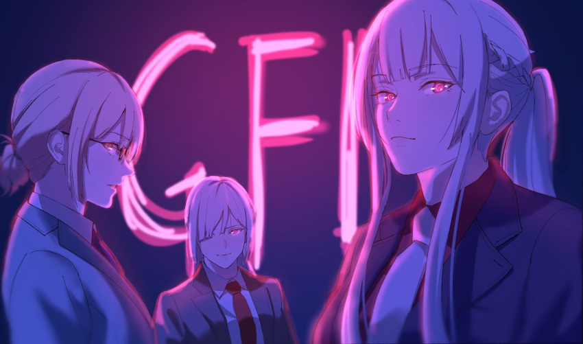 3girls ak-12_(girls'_frontline) ak-15_(girls'_frontline) an-94_(girls'_frontline) aqua_jacket bangs black_jacket black_suit blazer blonde_hair braid closed_mouth eyebrows_visible_through_hair french_braid from_side girls'_frontline glasses hair_between_eyes hair_bun hair_ornament hairclip highres ichinose_(ichinose1592) jacket long_hair looking_at_viewer medium_hair multiple_girls necktie neon_lights official_style open_mouth ponytail red_eyes red_necktie red_shirt shirt silver_hair smile upper_body white_necktie white_shirt