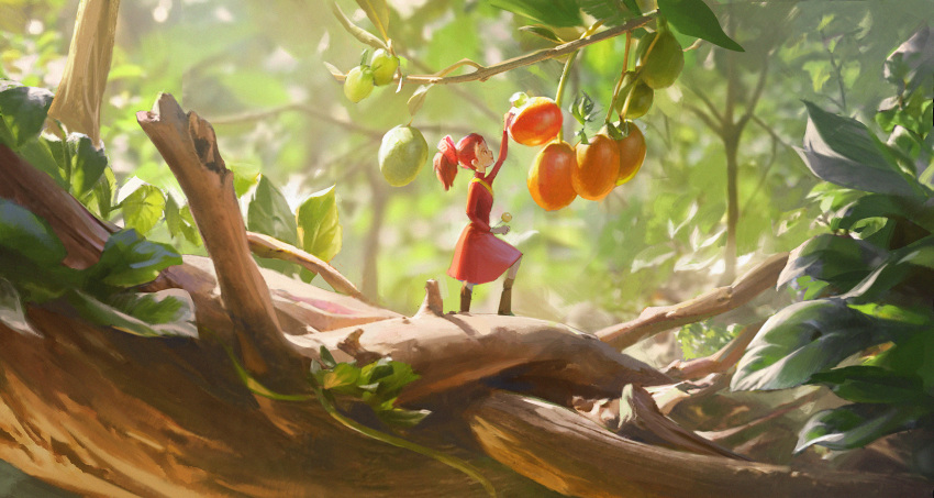 1girl arrietty brown_hair clothes_pin day dress food forest fruit fruit_tree highres leaf leesuyeon long_hair minigirl nature outdoors ponytail red_dress solo studio_ghibli tree