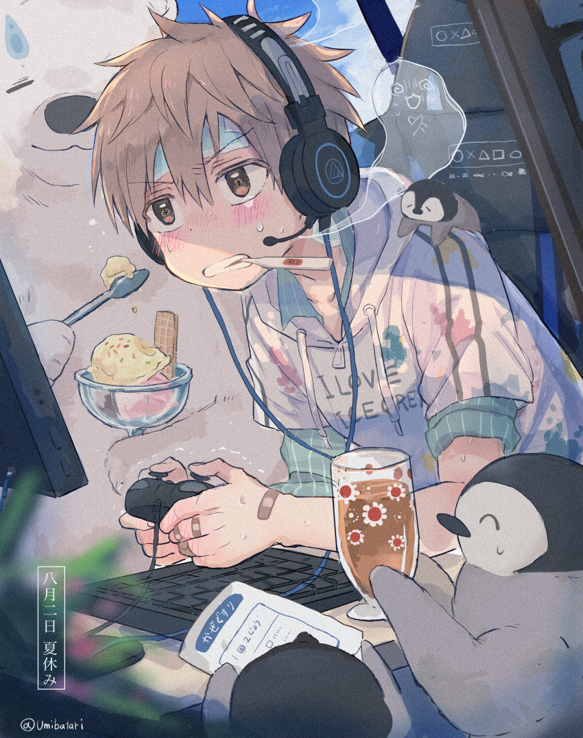 1boy absurdres animal_on_shoulder artist_name bandaid bandaid_on_hand bear bird blue_headband blush brown_hair chair child commentary controller food game_controller headband headphones highres hood hoodie ice_cream ice_pack keyboard_(computer) male_focus mouth_hold original penguin polar_bear sick sitting sleeves_rolled_up spoon sweat tea thermometer umibatari