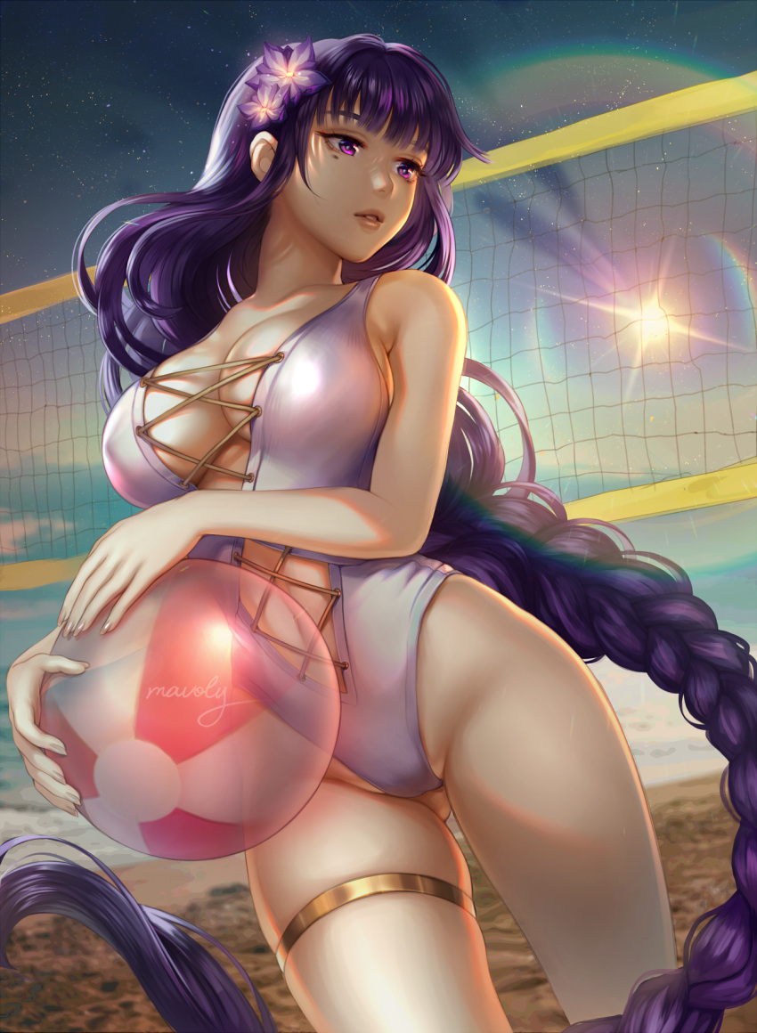 1girl ass_visible_through_thighs backlighting ball beach beachball braid braided_ponytail breasts casual_one-piece_swimsuit cleavage cloud collarbone cowboy_shot cross-laced_clothes cross-laced_swimsuit day genshin_impact highleg highres holding holding_ball holding_beachball large_breasts lens_flare lips long_hair looking_to_the_side mavoly meteor mole mole_under_eye navel nose one-piece_swimsuit outdoors parted_lips purple_eyes purple_hair purple_nails purple_swimsuit raiden_shogun sand see-through shooting_star shore sky solo swimsuit thigh_strap thighs very_long_hair volleyball_net water