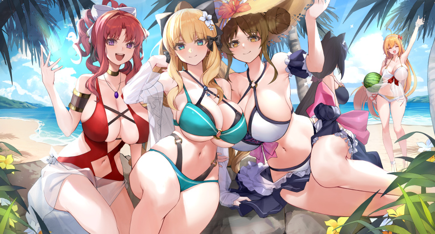 5girls ahoge akino_(princess_connect!) animal_ear_fluff animal_ears bangs bare_shoulders bikini black_bow black_hair blonde_hair blue_eyes blush bow braid breasts brown_eyes brown_hair cat_ears cat_girl cat_tail double_bun elf hair_bow hat highres huge_breasts karyl_(princess_connect!) large_breasts long_hair looking_at_viewer low_twintails multiple_girls navel orange_hair parted_bangs pecorine_(princess_connect!) pointy_ears ponytail princess_connect! purple_eyes red_hair saren_(princess_connect!) side_braid sidelocks straw_hat suzume_(princess_connect!) swimsuit tail thighs twintails very_long_hair white_bow xiujia_yihuizi