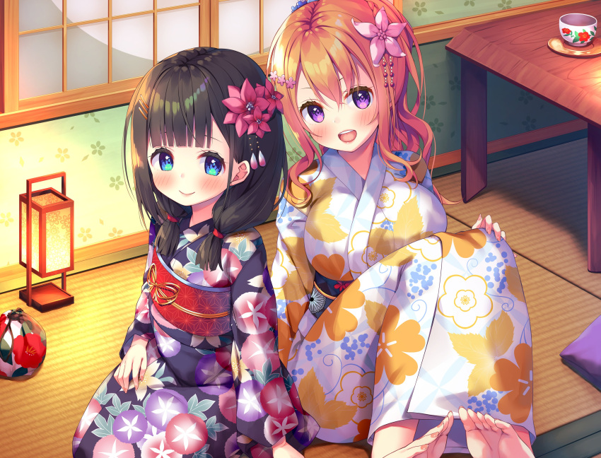 2girls :d absurdres asa_no_ha_(awayuki) bangs barefoot black_hair blunt_bangs blush breasts brown_hair closed_mouth commentary_request cup eyebrows_behind_hair floral_print flower hair_flower hair_ornament hairclip highres indoors japanese_clothes kimono knees_up lantern large_breasts long_hair looking_at_viewer mimikaki_rifure multiple_girls obi official_art open_mouth purple_eyes sash seiza sitting smile soles somei_yoshino_(mimikaki_rifure) table tatami teeth toes upper_teeth window