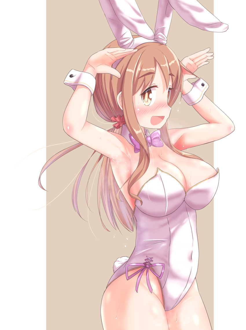 1girl animal_ears armpits blush bow bowtie breasts brown_hair bunny_pose cleavage covered_navel dripping eyebrows_visible_through_hair fake_animal_ears hair_ornament hair_scrunchie highres large_breasts leotard long_hair matsumoto_yoriko open_mouth pink_bow pink_bowtie playboy_bunny rabbit_ears scrunchie shiny shiny_hair smile solo standing sweat white_leotard yuukin yuyushiki