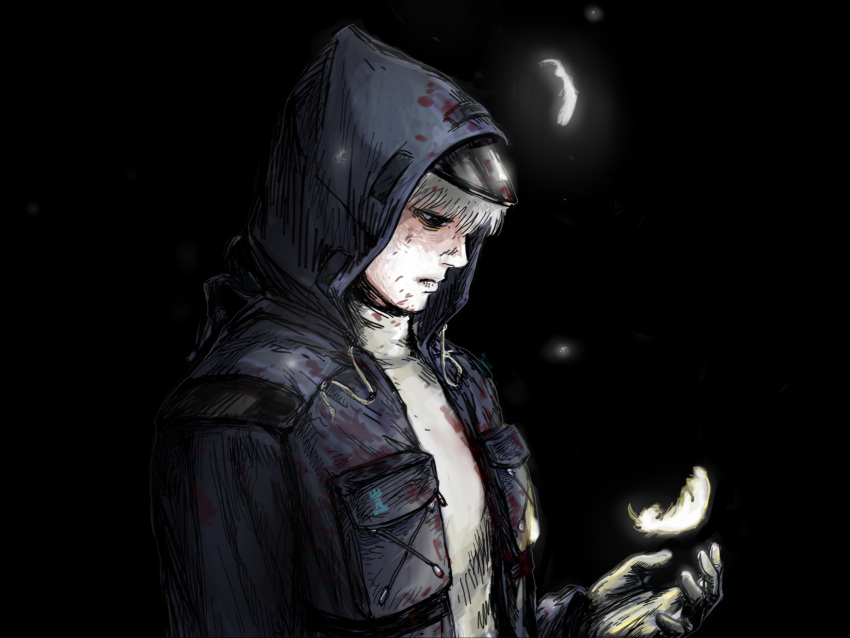 1boy arknights bad_guy black_background black_gloves black_jacket blood blood_on_clothes doctor_(arknights) feathers gloves highres hood hood_up hooded_jacket jacket male_doctor_(arknights) rhodes_island_logo shirt white_hair white_shirt