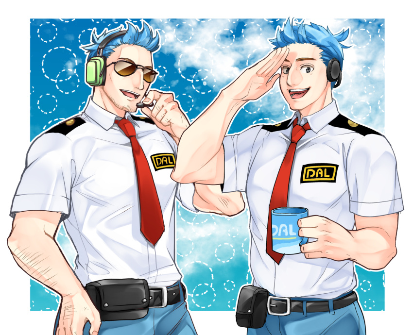 2boys :d animal_crossing arm_hair belt belt_pouch blue_hair blue_sky commentary cup denim facial_hair hand_up headset highres holding holding_cup looking_at_viewer male_focus mug multiple_boys necktie orville_(animal_crossing) osomatsu1ban personification pouch salute shirt short_sleeves sky smile spiked_hair standing stubble sunglasses uniform white_shirt wilbur_(animal_crossing)