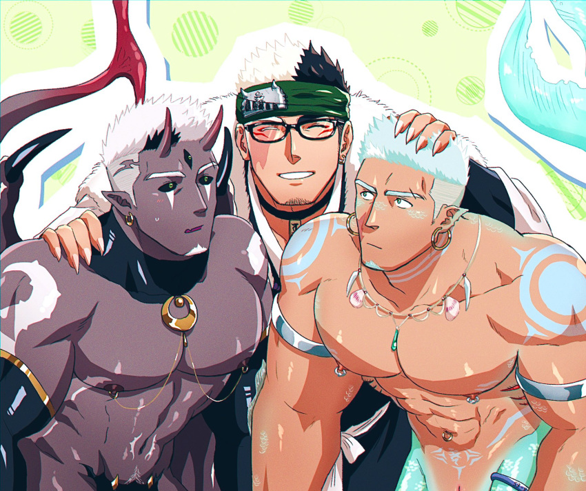 3boys abs aqua_hair bara bare_shoulders black_hair black_sclera black_skin bodypaint colored_sclera colored_skin dark-skinned_male dark_skin demon_boy demon_horns demon_tail detached_sleeves facial_hair fingernails fle0423 glasses goatee gold hand_on_another's_head hand_on_another's_shoulder head_fins headband highres horns jewelry large_pectorals loincloth male_focus mature_male merman monster_boy multicolored_hair multiple_boys muscular muscular_male navel navel_piercing necklace nipple_piercing nipple_rings nipples original pectorals piercing pubic_tattoo revealing_clothes scar scar_across_eye sharp_fingernails short_hair sideburns smile stomach tail tattoo thick_arms third_eye tooth_necklace topless_male two-tone_hair white_hair