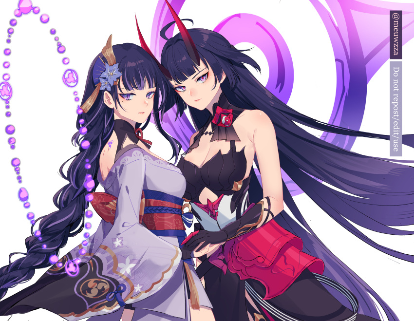 2girls absurdres ahoge armor bare_shoulders black_dress black_gloves blue_pupils braid braided_ponytail breasts bridal_gauntlets choker cleavage collarbone company_connection crossover dress english_commentary flower genshin_impact gloves hair_flower hair_ornament highres holding_hands honkai_(series) honkai_impact_3rd horns japanese_armor japanese_clothes kimono long_hair long_sleeves looking_at_viewer magic_circle medium_breasts mihoyo_technology_(shanghai)_co._ltd. mitsudomoe_(shape) mole mole_under_eye multiple_girls namesake obi obiage obijime oni_horns print_kimono purple_eyes purple_flower purple_hair purple_kimono qurbana_mueeza_(jauharusyady17) raiden_mei raiden_mei_(herrscher_of_thunder) raiden_shogun red_horns red_pupils red_ribbon ribbon ribbon_choker sash sawashiro_miyuki shoulder_blades shrug_(clothing) tomoe_(symbol) twitter_username very_long_hair voice_actor_connection wide_sleeves