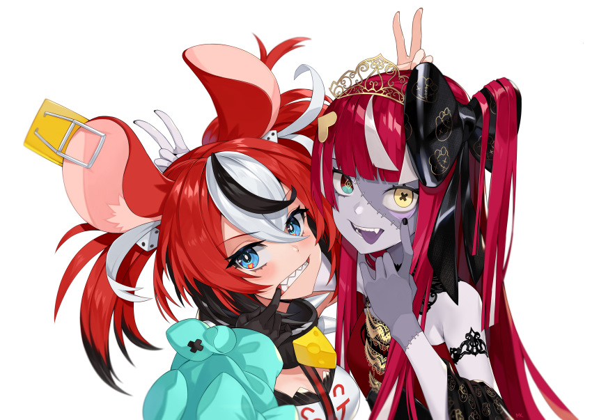 2girls absurdres animal_ears armband bangs black_hair blue_eyes blunt_bangs bow breasts dice_hair_ornament eyebrows_visible_through_hair fangs gloves hair_between_eyes hair_ornament hakos_baelz heart heterochromia highres hololive hololive_english hololive_indonesia kureiji_ollie long_hair looking_at_viewer mk_(lazymk) mouse_ears mouse_girl multicolored_hair multiple_girls open_mouth red_hair sharp_teeth simple_background streaked_hair teeth tongue tongue_out upper_body virtual_youtuber white_background white_hair yellow_eyes zombie