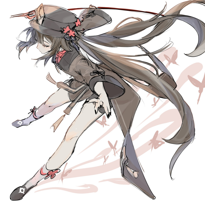 1girl bangs black_footwear brown_coat brown_hair brown_headwear brown_shorts bug butterfly closed_eyes coat ebibi_chiriri full_body genshin_impact hat highres holding holding_polearm holding_weapon hu_tao_(genshin_impact) long_hair long_sleeves looking_at_viewer polearm porkpie_hat red_shirt shirt shorts sidelocks sketch socks solo staff_of_homa_(genshin_impact) twintails very_long_hair weapon white_legwear