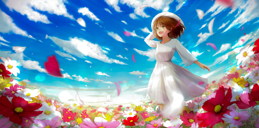 1girl :d absurdres arm_up blue_sky brown_hair cosmos_(flower) day dress field flower flower_field green_eyes highres long_hair original otsune_(pixiv_36350590) outdoors petals scenery sky smile standing white_dress white_headwear