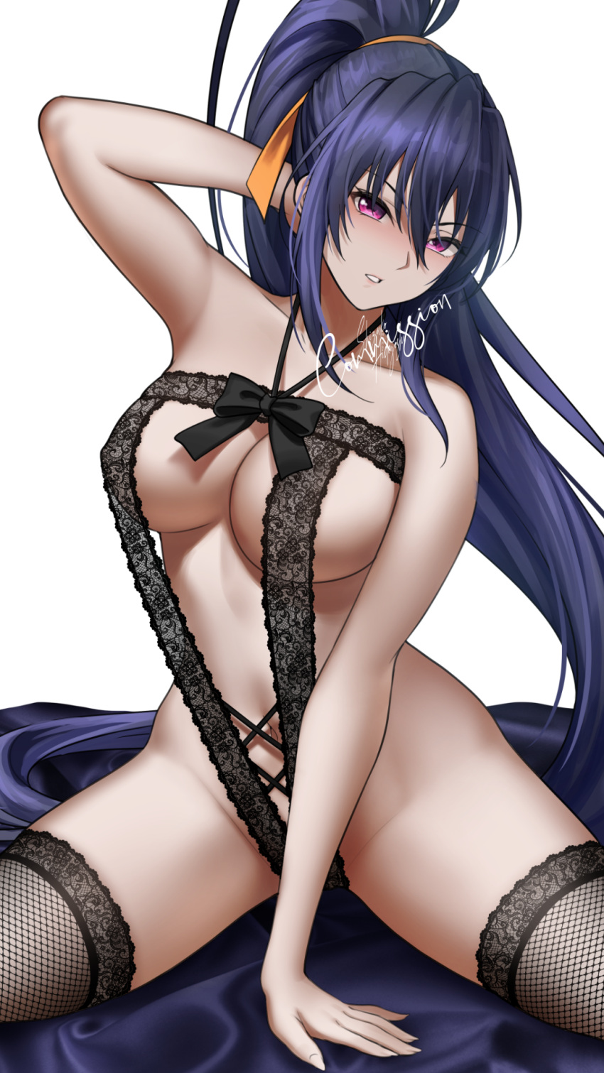 1girl arm_up black_hair blush breasts cleavage fishnets hair_ribbon high_school_dxd highres himejima_akeno large_breasts lingerie long_hair looking_at_viewer navel parted_lips ponytail pose purple_eyes ribbon shizuko_hideyoshi signature sitting thighhighs underwear white_background