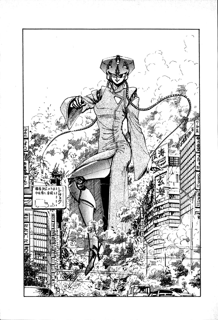 1girl ariel_(novel) breasts car china_dress chinese_clothes dress giant giantess greyscale ground_vehicle helmet highres looking_at_viewer mecha medium_breasts monochrome motor_vehicle no_humans novel_illustration official_art scan science_fiction smile smoke solo suzuki_masahisa third-party_source