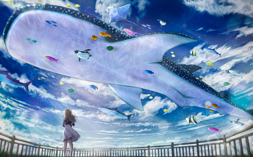 1girl absurdres bird blue_sky clownfish facing_away fish flying_fish highres long_hair miyazawa_fuuka otsune_(pixiv_36350590) outdoors penguin railing scenery shark shiroi_suna_no_aquatope skirt sky stingray tropical_fish whale_shark white_skirt