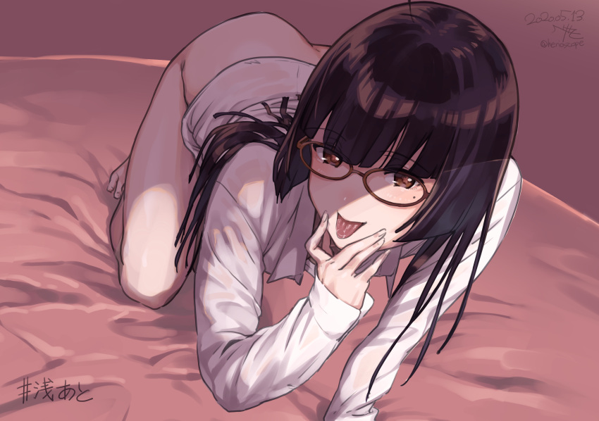 1girl absurdres all_fours asase_yuugi ass bangs barefoot black_hair blush bottomless brown_eyes commentary_request dated eyebrows_visible_through_hair finger_to_mouth glasses haks herio highres long_hair long_sleeves looking_at_viewer naked_shirt saliva shirt smile solo tongue tongue_out white_shirt