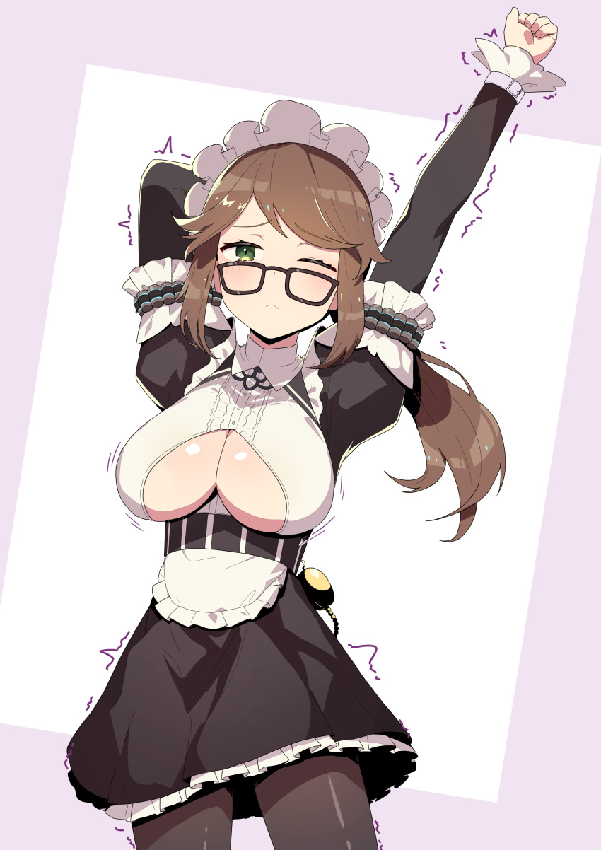 1girl absurdres arm_up bangs black_dress black_legwear blush breast_cutout breasts brown_hair cleavage constantia_s2 dress eyebrows_visible_through_hair glasses green_eyes highres large_breasts last_origin looking_at_viewer maid manglifer motion_lines one_eye_closed pantyhose ponytail round_eyewear solo stretch