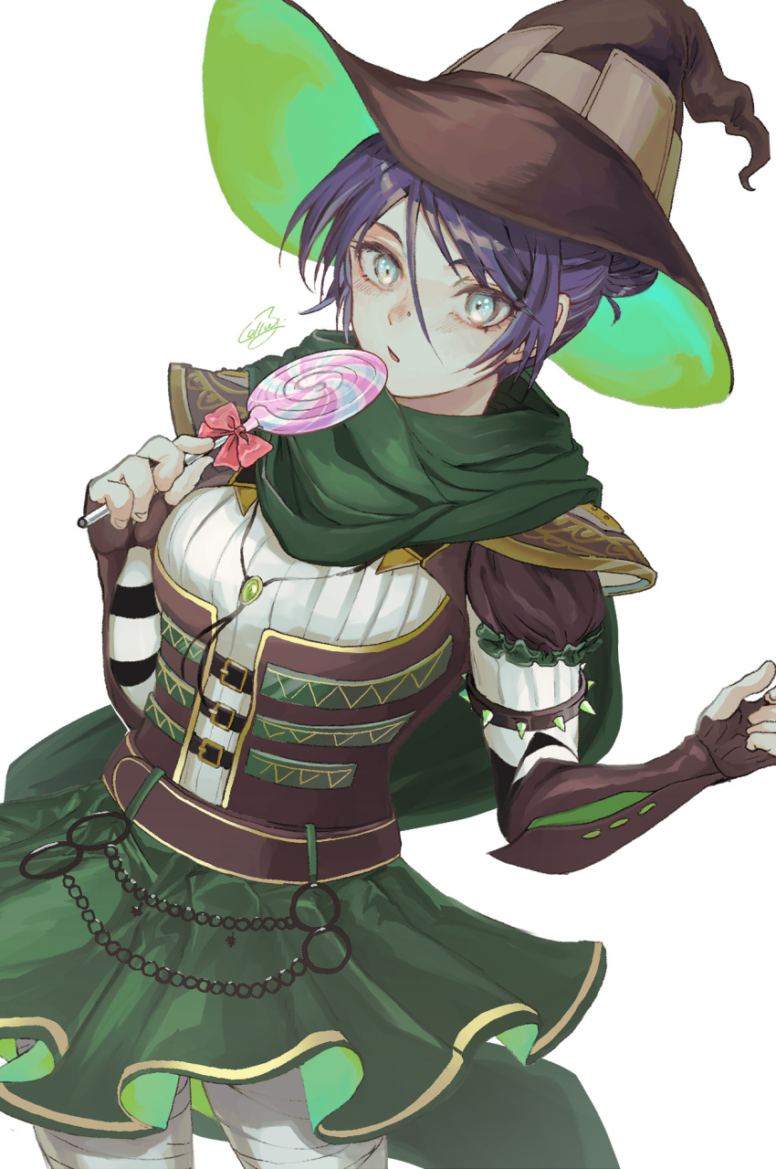 alisame apex_legends blue_eyes brown_gloves brown_headwear candy chain emerald_enchantress_wraith fingerless_gloves food gloves green_scarf hair_behind_ear hair_between_eyes hat highres holding holding_candy holding_food holding_lollipop lollipop nose_piercing open_clothes piercing purple_hair scarf signature white_background white_legwear witch witch_hat wraith_(apex_legends)