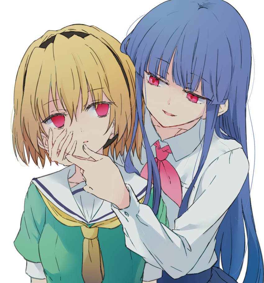 2girls age_difference bangs black_hairband blonde_hair blue_hair blunt_bangs bow chin collared_shirt commentary_request dress eyebrows_visible_through_hair furude_rika grabbing_another's_chin green_dress hair_between_eyes hairband hand_on_another's_cheek hand_on_another's_chin hand_on_another's_face highres higurashi_no_naku_koro_ni hime_cut houjou_satoko long_hair long_sleeves maromi_(am97) multiple_girls neckerchief open_mouth pink_bow red_eyes sailor_collar school_uniform shirt short_hair sidelocks simple_background st._lucia_academy_school_uniform white_background white_sailor_collar white_shirt yellow_neckerchief yuri