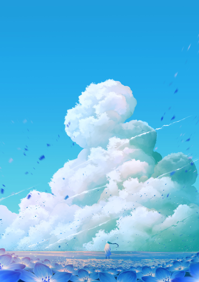 1girl absurdres blue_flower blue_sky cloud cloudy_sky commentary_request fapka field flower flower_field highres long_hair original outdoors petals sky solo very_long_hair