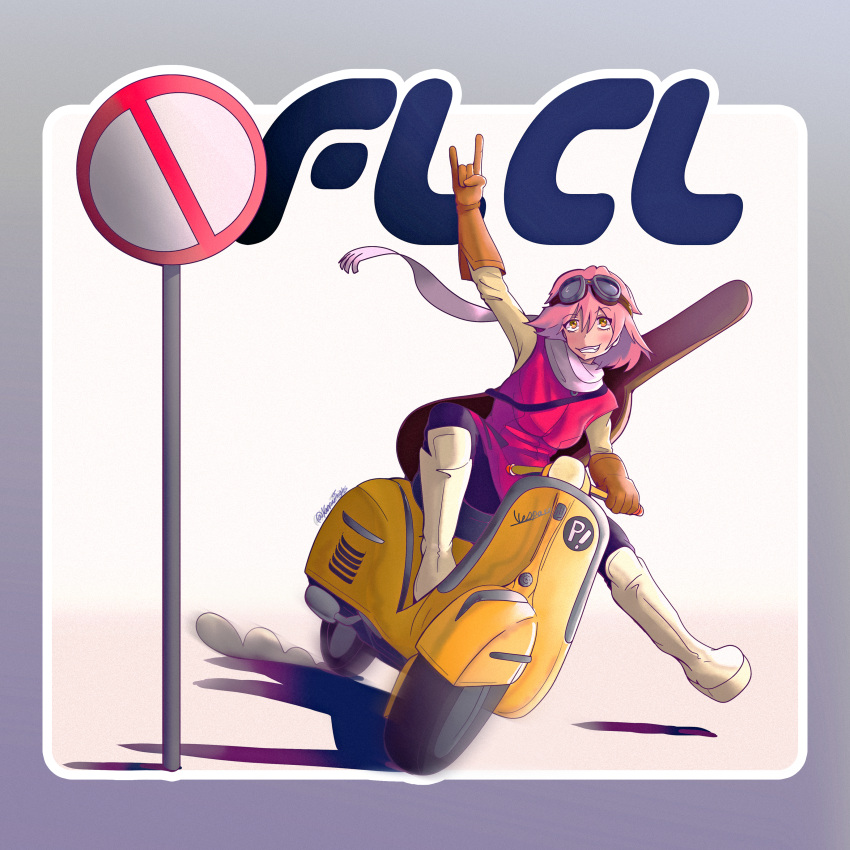 1girl absurdres bass_guitar copyright_name flcl gainax gloves grin ground_vehicle guitar hair_ornament happy haruhara_haruko highres instrument kanpaithighs looking_at_viewer motor_vehicle orange_eyes pink_hair road_sign scooter shirt short_hair sign smile solo teeth yellow_eyes